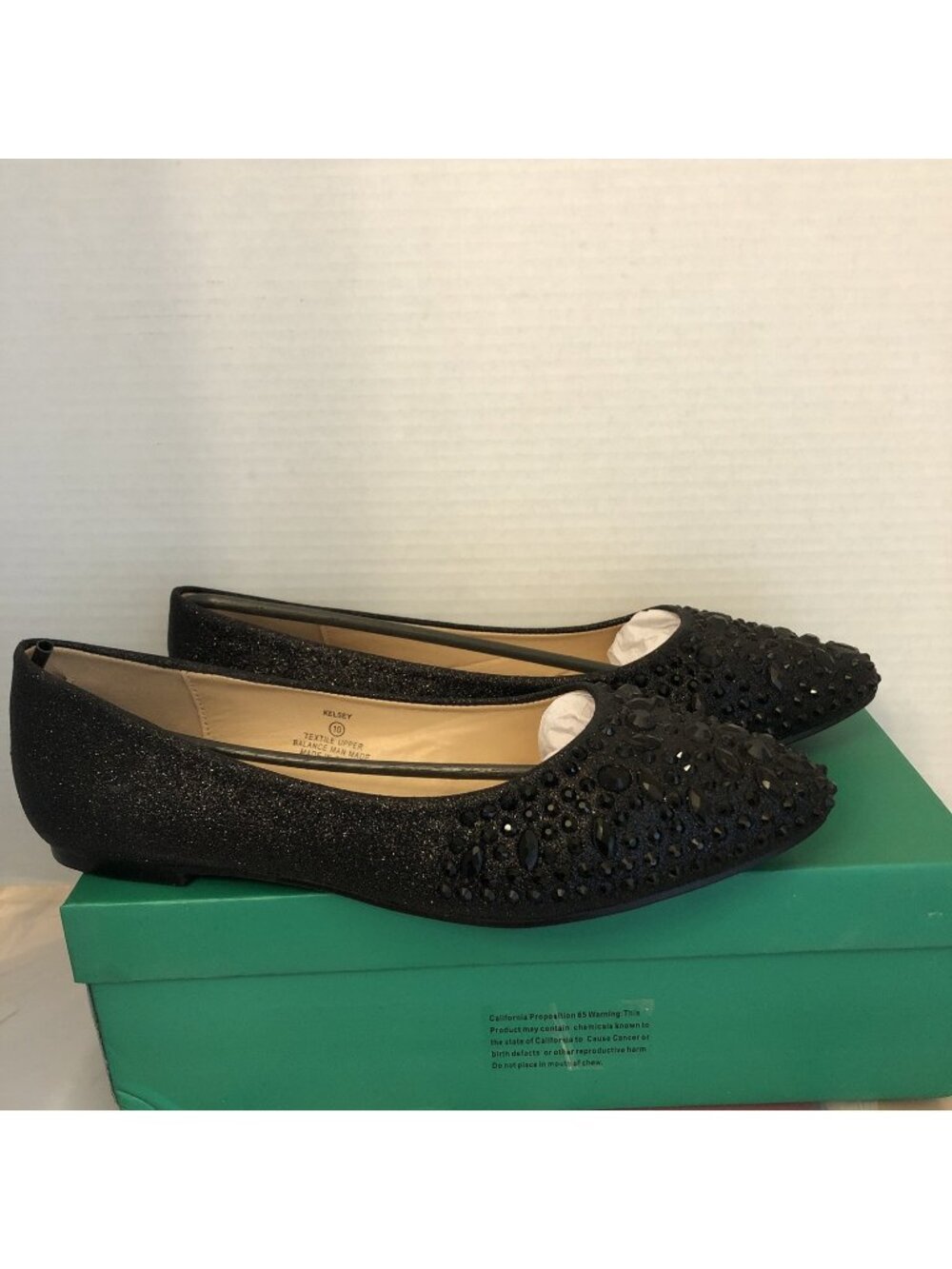 Lauren Lorraine Kelsey Black Glitter Flats. SIZE 9.5 NEW IN BOX